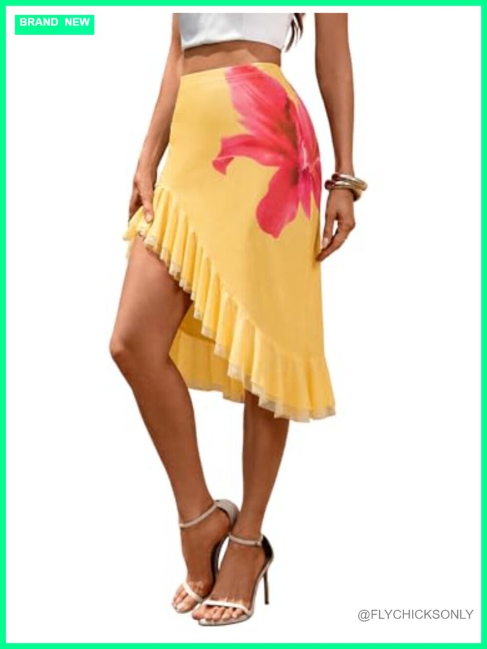 Women's Asymmetrical Ruffle Trim Flowy Midi Skirt Floral Print